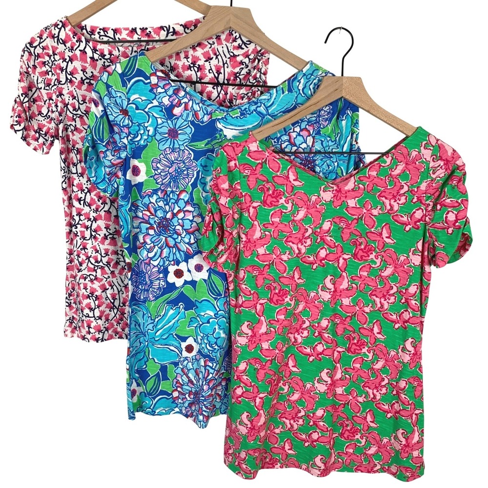 Lot of 3 LILLY PULITZER Etta V-Neck T-Shirts Sz L Floral Butterfly 100% Cotton